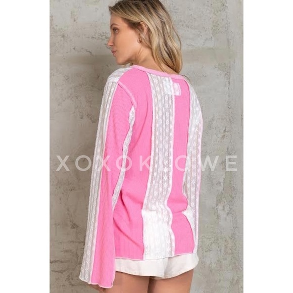 POL Bubblegum Pink + White Lace Patchwork Long Sleeve Henley Top - Picture 10 of 12